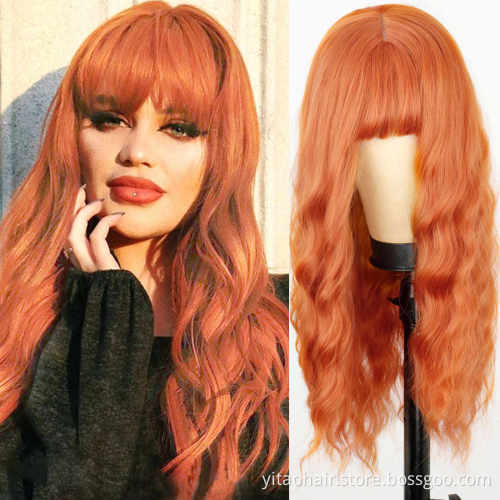 Wholesale price Ginger orange color  Synthetic Hair Wigs With Colorful Natural wave  Pre-Plucked Big Factory Stock